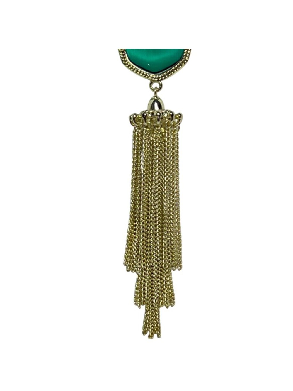 Kendra Scott Gold Tone Curved Box Chain Necklace W/ Green Tassel Pendant (6382) - Picture 3 of 6